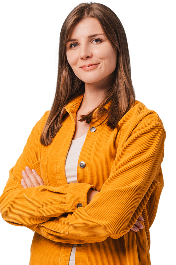 Woman in yellow shirt, arms crossed, smiling.