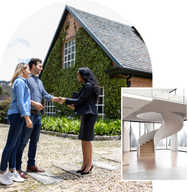 Couple meeting real estate agent outside house.