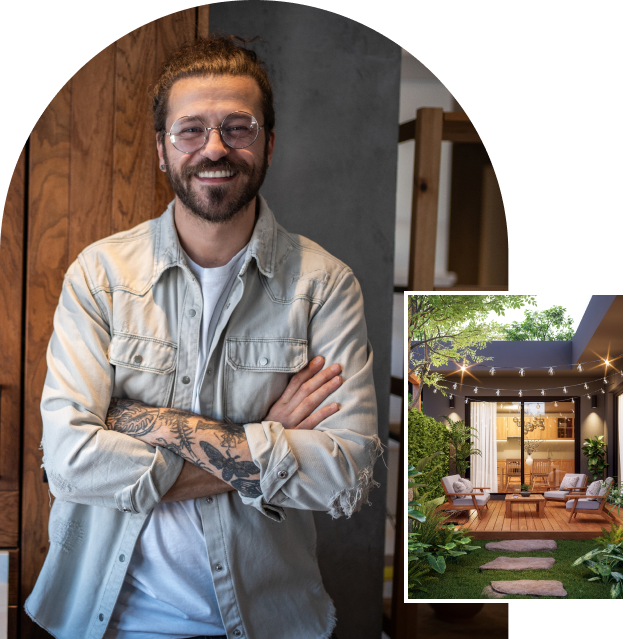 Man smiling with cozy outdoor patio scene.